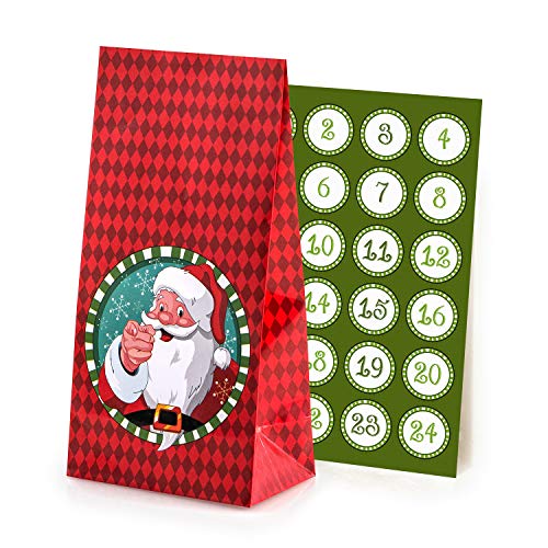 Adventskalender zum Befüllen Santa Claus 24 beschichtete Papiertüten Geschenktüten Weihnachten, Weihnachtskalender Bastelset inkl. Adventszahlen Aufkleber von pajoma von pajoma