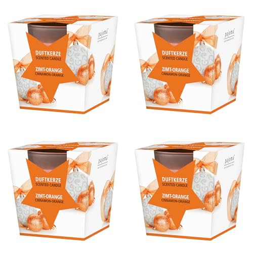 pajoma® Duftkerze 4er Set, Zimt-Orange - im satinierten Glas | 4x 120g Wachsgewicht, Brenndauer: 25 Stunden, in edler Geschenkverpackung | Premium Qualität von pajoma