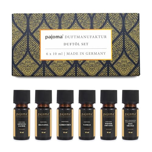 pajoma® Duftöl 6x 10 ml Weihnachten Set 2 (Vanille, Bratapfel, Lebkuchen, Winterfrüchte, Adventszauber, Zimt-Orange) Ätherische und Parfümöle | Geschenkidee, für Duftlampe, Aromatherapie oder Diffuser von pajoma