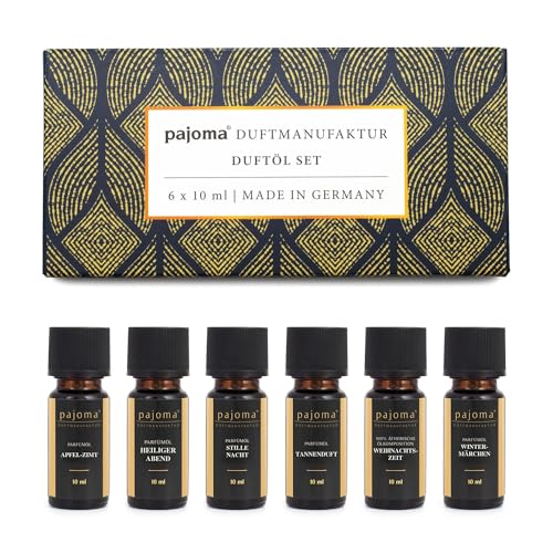 pajoma® Duftöl 6x 10 ml Weihnachten Set 3 (Tannenduft, Stille Nacht, Heiliger Abend, Weihnachtszeit, Wintermärchen, Apfel-Zimt) Ätherische und Parfümöle | für Duftlampe, Aromatherapie oder Diffuser von pajoma