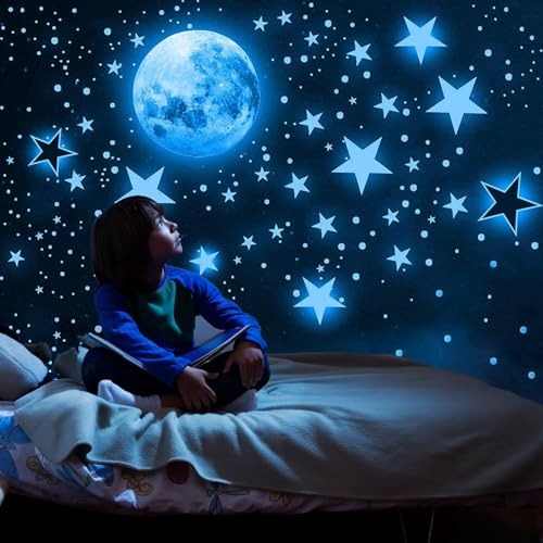 1119 Stück Leuchtsticker Wandtattoo Leuchtsterne Selbstklebend Kinderzimmer Wandsticker Sterne und Mond Fluoreszierend Wandaufkleber für Kinder Schlafzimmer Kinderzimmer Wohnzimmer Blau von palasasa