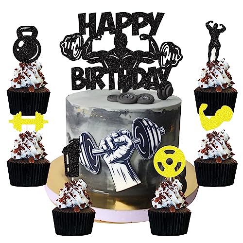 25 Stück Fitness Kuchen Dekorationen Gym Kuchendeko Powerlifter Cake Topper Sport Kuchendeko Glitzer Hanteln Wasserbecher Muskel Cupcake Topper für Männer Sport Fitness Thema Party Dekorationen von palasasa