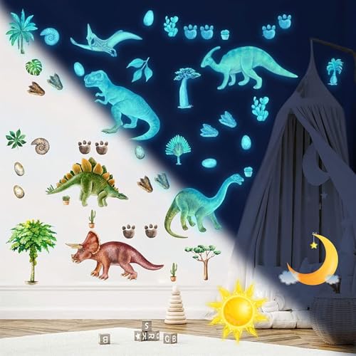 Leuchtende Dinosaurier Wandsticker Selbstklebend Dinosaurier Wandtattoo Kinderzimmer für Glühen im Dunkeln Aufkleber, Dino Leuchtsticker Wandtattoo für Junge Kinderzimmer Schlafzimmer Geschenke Blau von palasasa