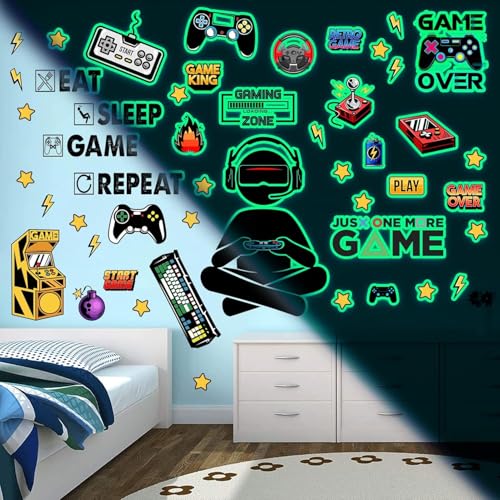 Leuchtende Gaming Wandsticker Selbstklebend Spiel Wandtattoo Kinderzimmer für Glühen im Dunkeln Aufkleber Gamer Leuchtsticker Wandtattoo für Junge Kinderzimmer Schlafzimmer Geschenke grün von palasasa