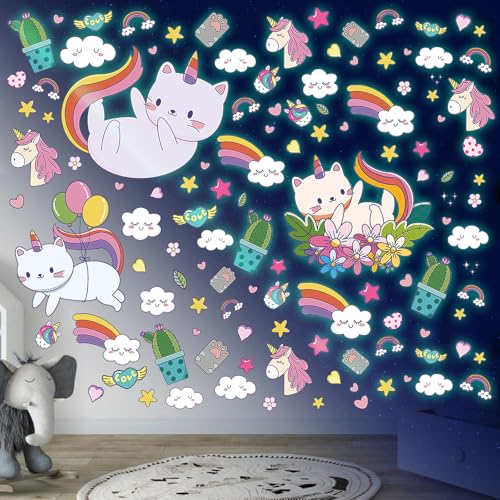 Leuchtsticker Kleiner Katze Wandtattoo Kinderzimmer Einhorn Regenbogen Leuchtsterne Selbstklebend Wandaufkleber Leuchtaufkleber Wandsticker Babyzimmer Schlafzimmer Wanddeko Geschenk für Mädchen, Grün von palasasa