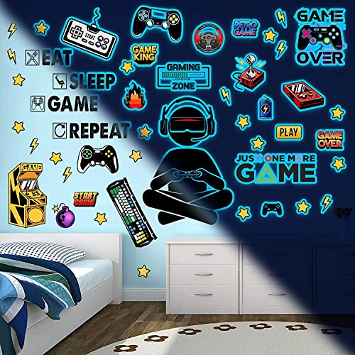 palasasa Leuchtende Gaming Wandsticker Selbstklebend Spiel Wandtattoo Kinderzimmer für Glühen im Dunkeln Aufkleber Gamer Leuchtsticker Wandtattoo für Junge Kinderzimmer Schlafzimmer Geschenke Blau von palasasa