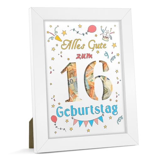 pangdapengpeng 16. Bilderrahmen Geldgeschenk Geburtstag, 23 x 17 cm Verpackung für Geldgeschenke Holz, Personalisiertes DIY 16 Geburtstag für Frauen, Männer, Mädchen, Junge (16) von pangdapengpeng