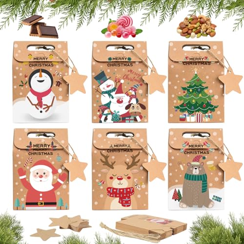 pangdapengpeng 24 Stücke Geschenktüten Weihnachten, Klein Weihnachtstüten, Kraft Adventskalendertüten mit Stern Etikettenpapier und Juteseil für Keks, Süßigkeiten (24) von pangdapengpeng