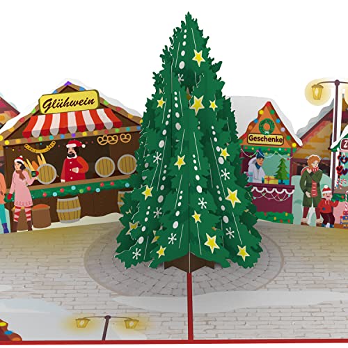 papercrush® Pop-Up Weihnachtskarte Weihnachtsmarkt - 3D Weihnachtskarte mit Weihnachtsbaum und Glühweinstand für Mitarbeiter & Kollegen, Popup Klappkarte mit Weihnachtsdorf für Kinder, Frauen & Männer von papercrush