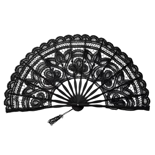 Parallelower Handfächer Schwarze Spitze Handfächer Vintage Folding Handheld Lace Fan mit Quaste Hohler Handfächer für Täglicher Gebrauch oder Hochzeit Tanzparty Aufführung Kleidung Dekoration von parallelower