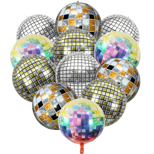 parallelower 12 Stück Discokugel Luftballon 4D Bunte Disko Folienballons 22 Zoll Metallic Spiegel Ballons für 70er 80er 90er Jahre Retro Disco-Mottoparty Geburtstag Party Karneval Deko von parallelower