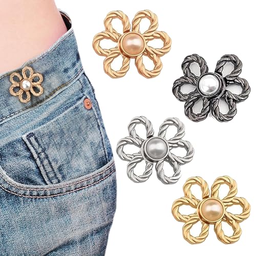 4 Stück Hose Enger Machen Clip,Knöpfe Hosen Enger Machen,Adjustable Waist Buckle Sets No Sew,Flower Jeans Button Pant Waist Tightener,Hosenbund Enger Machen Für Hosen Jeans Damen Rock von pcsfoe