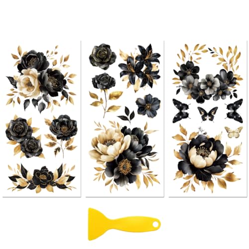 Peacoblue Aufkleber für Möbel 3Pcs Schwarze und goldene Blume 15cmx30cm, UV DTF Wasserdichter Japanischer Möbelfolie-Transfer für Kommoden, Glas, Porzellan, Holz, Kunststoff von peacoblue