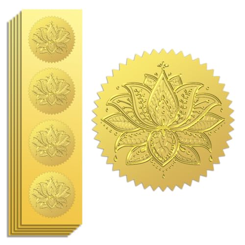 Peacoblue Goldfolie Aufkleber Siegel Offiziell Geprägt Bohemian Lotus 5cm 100 Stück, Selbstklebend Gold Umrandung Geprägtes Medaillen-Siegel für Zertifikatspapier, Schülerbelohnung, Auszeichnung von peacoblue