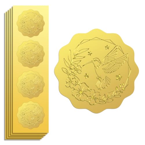 Peacoblue Goldfolie Aufkleber Siegel Offiziell Geprägt Kolibri und Kranzs 5cm 100 Stück, Selbstklebend Gold Umrandung Geprägtes Medaillen-Siegel für Zertifikatspapier, Schülerbelohnung, Auszeichnung von peacoblue