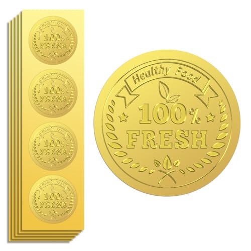 Peacoblue Goldfolie Aufkleber Siegel Prägung 100% Frisches Gesundes Essen 5cm 100 Stück, Selbstklebendes Gold um die Prägung Medaillenaufkleber für Lebensmittelbeutel, Verpackung, Backdekoration von peacoblue