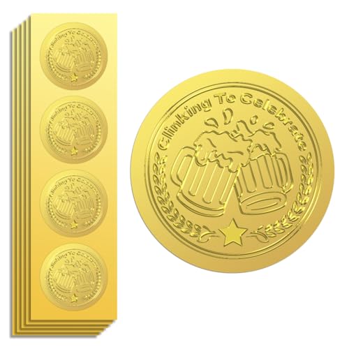 Peacoblue Goldfolie Aufkleber Siegel Prägung Clinking to Celebrate 5cm 100 Stück, Selbstklebendes Gold umprägtes Sticker für Dankeschön Geschenkkarten Umschlag Siegel Geschenk Einladung Dekor von peacoblue