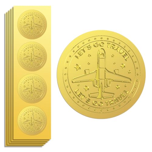 Peacoblue Goldfolie Aufkleber Siegel Prägung Flugzeug mit Let's go Travel 5cm 100 Stück, Selbstklebendes Gold umprägtes Sticker für Zertifikat Papier Umschlag Siegel Geschenkkarten Dekoration von peacoblue