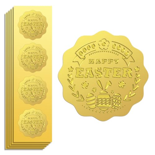 Peacoblue Goldfolie Aufkleber Siegel Prägung Frohe Ostern 5cm 100 Stück für Geschenkkarten Dekor, Umschlag Siegel, Familien-Party-Einladungen, Selbstklebendes Gold umprägtes Sticker von peacoblue