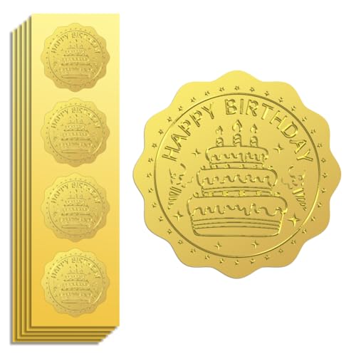 Peacoblue Goldfolie Aufkleber Siegel Prägung Happy Birthday 5cm 100 Stück, Selbstklebendes Gold um die Prägung Medaillenaufkleber für Geschenke, Karten, Party-Einladungen, Backpapier, Backdekoration von peacoblue