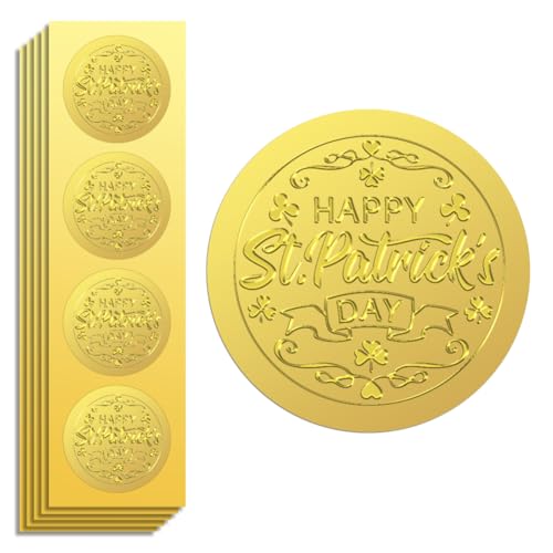 Peacoblue Goldfolie Aufkleber Siegel Prägung Happy St. Patrick's Day 5cm 100 Stück für Geschenkkarten, Umschlagsiegel, Familienparty-Einladungen, Selbstklebender Goldrand Prägungsaufkleber von peacoblue