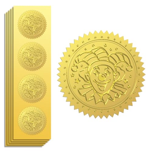 Peacoblue Goldfolie Aufkleber Siegel Prägung Karneval und Clown 5cm 100 Stück für Geschenkkarten Dekor, Umschlag Siegel, Party-Einladungen, Selbstklebendes Gold umprägtes Sticker von peacoblue