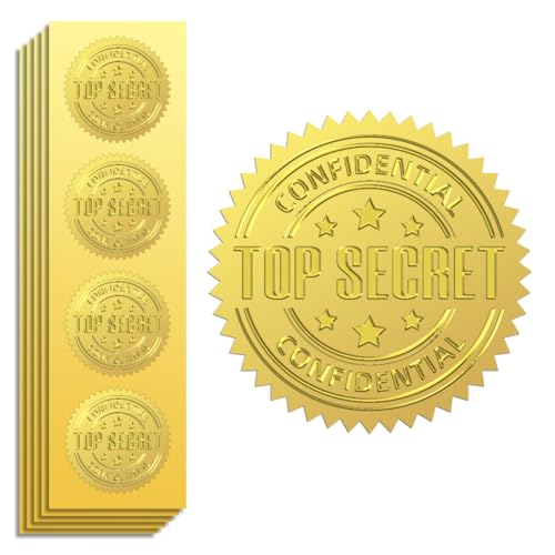 Peacoblue Goldfolie Aufkleber Siegel Prägung Top Secret und Vertraulich 5cm 100 Stück, Selbstklebendes Gold umprägtes Medaillen-Siegel für Zertifikat Papier, Schüler Belohnung, Auszeichnung von peacoblue