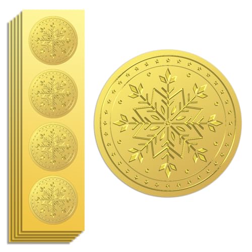 Peacoblue Goldfolien-Aufkleber, Siegel, geprägte Schneeflocken, 5cm 100 Stück, für Weihnachtsgeschenk, Kartendekoration, Umschlagsiegel, Familienfeier-Einladung, selbstklebende goldfarbene rundum von peacoblue