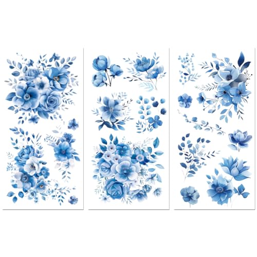 Peacoblue Rub-On Transfer Aufkleber für Möbel Blaue Blumen 15x30 cm, 3 Stück UV DTF wasserfeste Möbel-Transfers für Wäscheschränke, Kommoden, Porzellan, Holz, Glas, Kunststoff von peacoblue