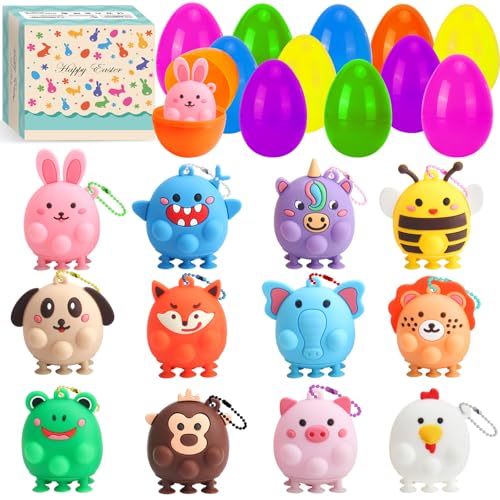 Ostergeschenke für Kinder, 12 Ostereier und 12 3D Tier Pop Puppen, Plastik Ostereier 8.5 cm x 6 cm, Perfekt für Osterkörbchen, Deko für Party, Klassenzimmer & Osteranreize Jungen und Mädchen von peiranup