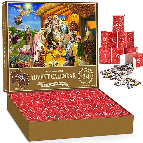 Puzzle Adventskalender 2024 Die Geburt der Christus 24 Teile 1008 Teile Puzzles Countdown bis Weihnachten, Weihnachtsgeschenke für Erwachsene und Kinder, Hausdekoration von peiranup