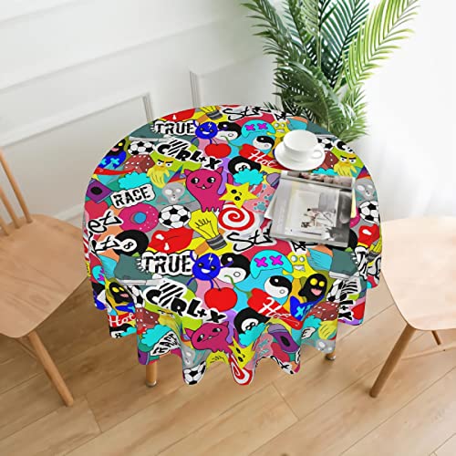 Retro Street Sticker Bomb Runde Tischdecke 60 Zoll Cartoon Graffiti Katze Geister Fußball Waschbar Knitterfleckenabweisend Spanntischabdeckung Auslaufsicheres Stoff Polyester Tischdecke Indoor Outdo von peiyeety