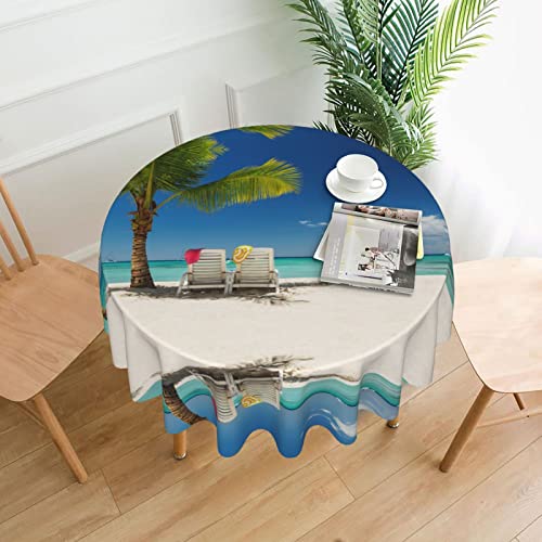 Runde dekorative Tischdecke mit Strand-Palmen-Stühlen-Boots-Druck, 152,4 cm, Polyester-Stoff, Teetischdecken zum Essen von peiyeety