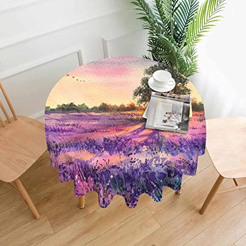 Sonnenuntergang Lavendelfeld Violetter Hintergrund Runde Tischdecke 60 Zoll Frankreich Provence Banner Duftende Blumen Tischdecke Schutz für Urlaub, Party, Hochzeit, Geburtstag, Bankettdekoration von peiyeety