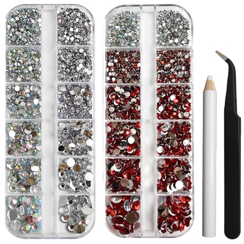 4320 Stück Strasssteine, Rote und Kristall Weiss nageldesign Kristallrhinestones, 5 Größen Glitzersteine Transparenter Runde Strass mit Pinzette Strass Picking Stift Für Nagel Bekleidung DIY Handwerk von pekifaves