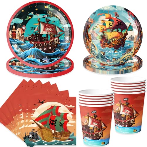 pekifaves Piraten Partygeschirr Set, Piratenschiff Partyteller für 10 Gäste, Geburtstag Geschirr Kindergeburtstag, Einwegteller Pappbecher Servietten, Happy Birthday Partyzubehör für Junge Mädchen von pekifaves