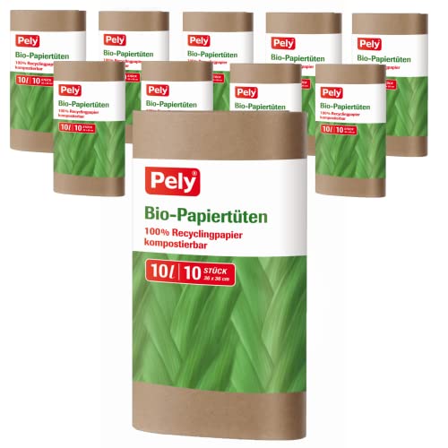 pely 100 Bio-Papiertüten PEL8747, Blauer Engel Zertifiziert, 10 Liter, 10 Stück je Packung. 10 Packungen im Karton von pely