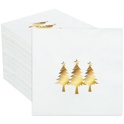 100 Stück Weihnachts-Cocktail-Servietten, Goldfolie, Papierservietten, Weihnachtsbaum, Einweg-Servietten, 3-lagig, weiß und gold, Getränke-Servietten für Weihnachten, Urlaub, Küche, Abendessen, Party, von peony man