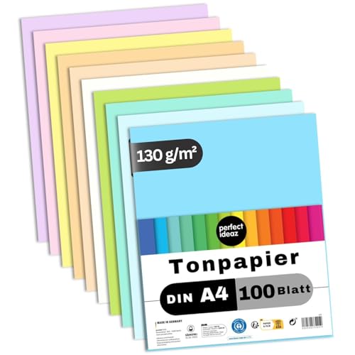 perfect ideaz - 100 Blatt Tonpapier A4, 10 Pastell-Farben, 130 g/m², made in Germany, Blauer Engel zertifiziert von perfect ideaz