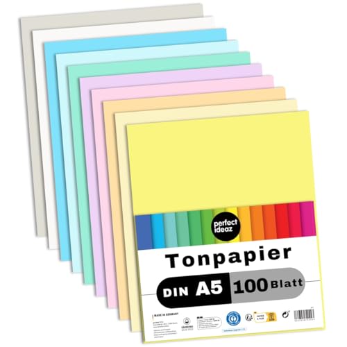 perfect ideaz - 100 Blatt Tonpapier A5, 10 Pastell-Farben, 120 g/m² stabiles Recycling Papier, Made in Germany, Blauer Engel zertifiziert von perfect ideaz