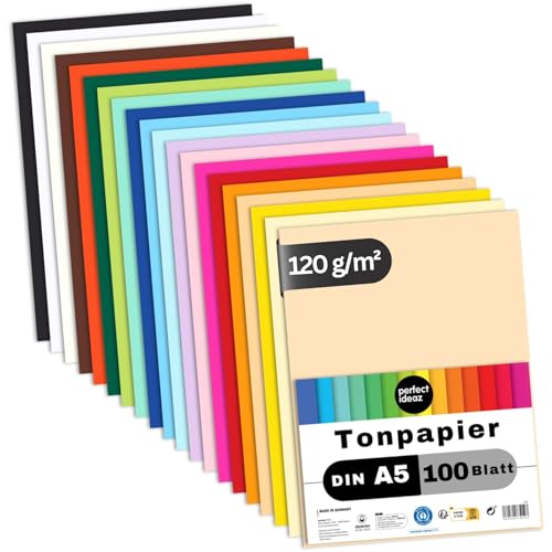 perfect ideaz - 100 Blatt Tonpapier DIN-A5, 20 Farben, 120 g/m², made in Germany, Blauer Engel zertifiziert von perfect ideaz