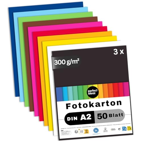 perfect ideaz 150 Blatt Fotokarton DIN-A2, 10 Farben, stabiler recycling Karton 300 g/m², Made in Germany, Blauer Engel zertifiziert (3 x 50 Blatt) von perfect ideaz