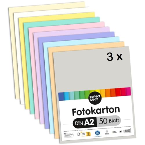 perfect ideaz 150 Blatt Fotokarton DIN-A2, 10 Farben, stabiler recycling Karton 300 g/m², Made in Germany, Blauer Engel zertifiziert von perfect ideaz