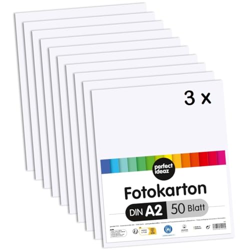 perfect ideaz 150 Blatt Fotokarton DIN-A2, Weiß, stabiler recycling Karton 300 g/m², Made in Germany, Blauer Engel zertifiziert (3 x 50 (150 Blatt)) von perfect ideaz