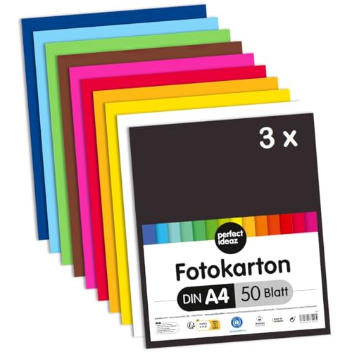 perfect ideaz 150 Blatt Fotokarton DIN-A4, 10 Farben, 300 g/m², MADE IN GERMANY (3 x 50 Blatt) von perfect ideaz