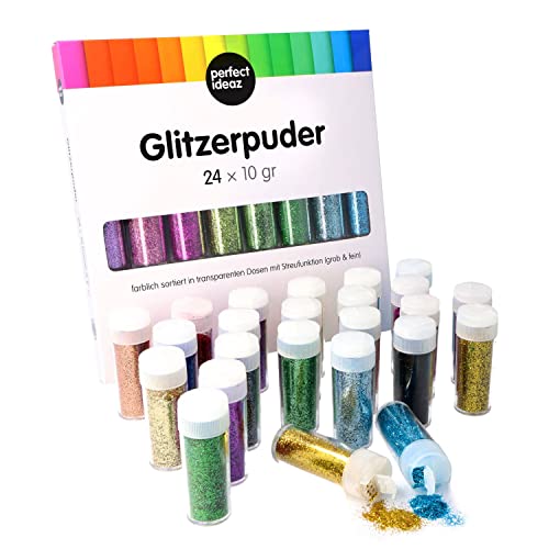 perfect ideaz • 24 x 10g (240g) Glitzerpuder bunt, Glitzerpulver in 24 Farben, Bastel-Glitter-Staub in Dose mit Streu-Deckel, Set Deko-Sand ideal zum Basteln für Kinder, Karten & Papier von perfect ideaz