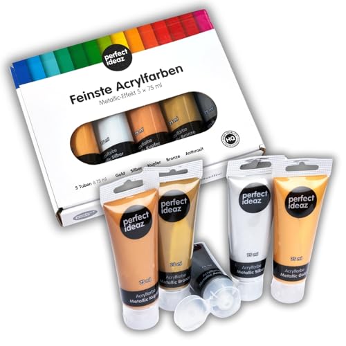 perfect ideaz - 5 x 75 ml Metallic Acrylfarbe - Gold, Silber, Bronze, Kupfer, Anthrazit - Hochdeckend, Wasserbasis, Top Qualität von perfect ideaz