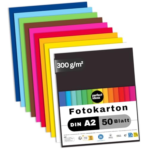 perfect ideaz 50 Blatt Fotokarton DIN-A2, 10 Farben, stabiler recycling Karton 300 g/m², Made in Germany, Blauer Engel zertifiziert von perfect ideaz