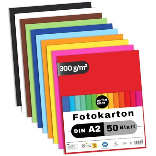 perfect ideaz 50 Blatt Fotokarton DIN-A2, 10 Farben, stabiler recycling Karton 300 g/m², Made in Germany, Blauer Engel zertifiziert von perfect ideaz