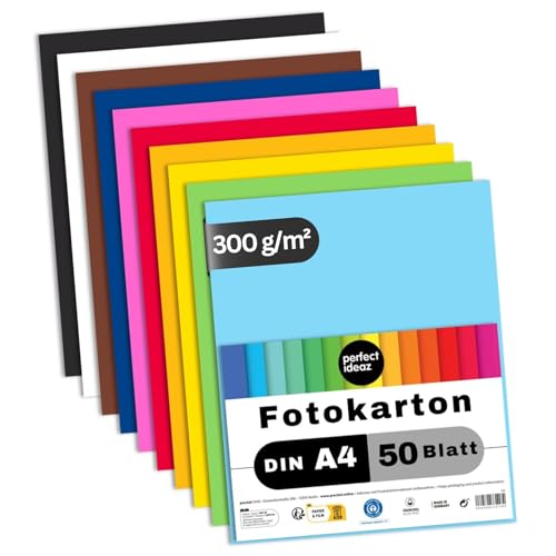 perfect ideaz 50 Blatt Fotokarton DIN-A4, 10 Farben, 300 g/m², Made in Germany, Blauer Engel zertifiziert von perfect ideaz